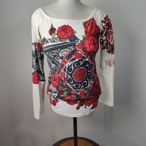Save The Queen White Long-Sleeve Floral Graphic Tee